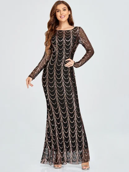 Long Sleeve Mesh Maxi Sequin Dress - Image 2