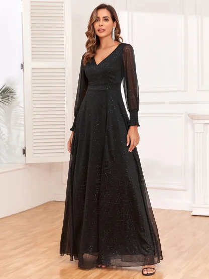 V-Neck Chiffon Sequin Slit Dress - Image 2