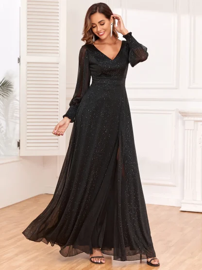 V-Neck Chiffon Sequin Slit Dress - Image 4
