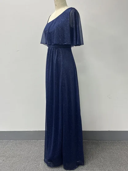 One Shoulder Sleeve Shiny Slit Dress - Image 7