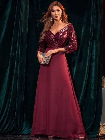 Deep V-Neck Back Chiffon Shiny Dress - Image 6