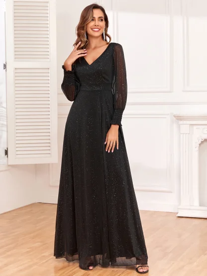 V-Neck Chiffon Sequin Slit Dress - Image 3