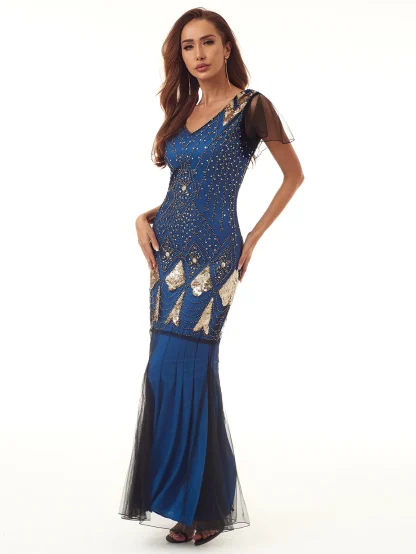 Mesh Sleeve Glam Sequin Long Dress - Image 5
