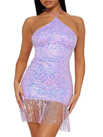 Halter Neck Bodycon Tassel Shiny Dress - Image 5