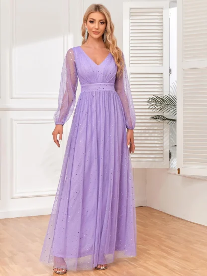 Long Mesh Sleeve Shiny V-Neck Dress