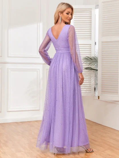 Long Mesh Sleeve Shiny V-Neck Dress - Image 7