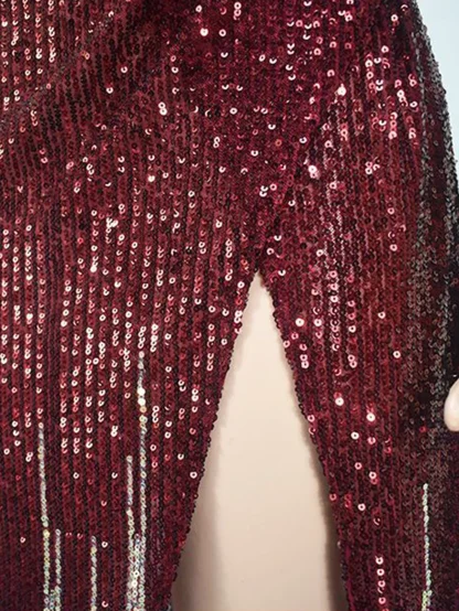 One Shoulder Sleeve Sequin Slit Dress - Image 5