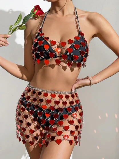 Metal Red Heart Shiny 2-Piece Dress