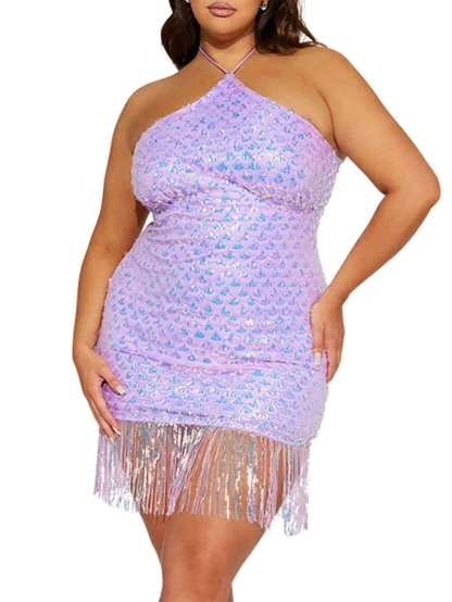 Halter Neck Bodycon Tassel Shiny Dress - Image 6