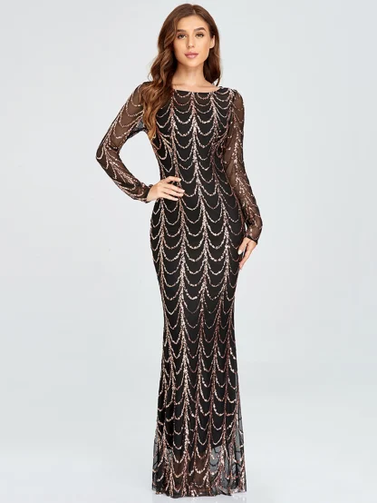 Long Sleeve Mesh Maxi Sequin Dress - Image 3