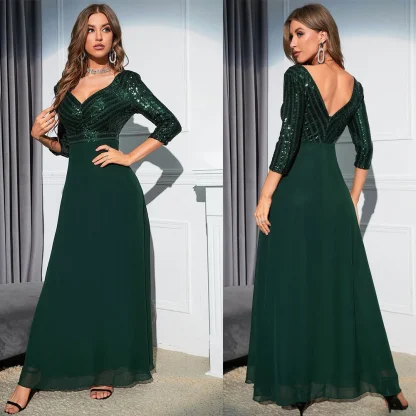 Deep V-Neck Back Chiffon Shiny Dress - Image 4