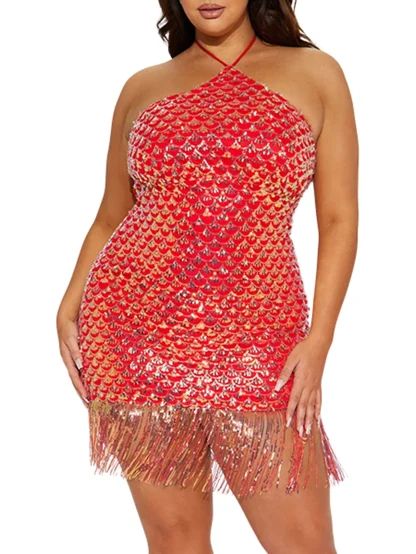 Halter Neck Bodycon Tassel Shiny Dress - Image 3