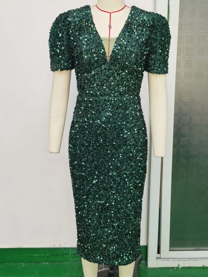 Green Split Back Sequin Midi Dress - Image 5
