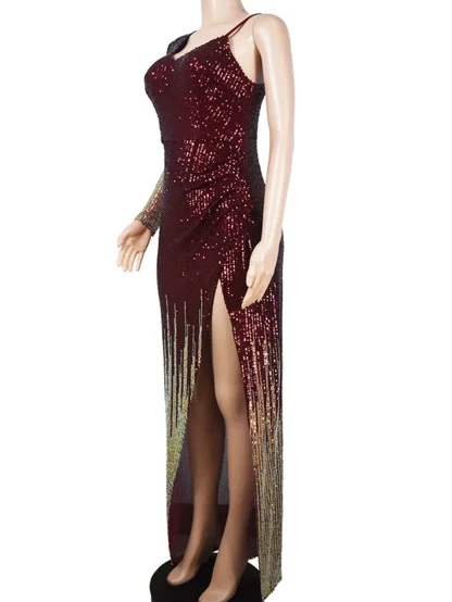 One Shoulder Sleeve Sequin Slit Dress - Image 3