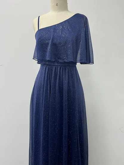 One Shoulder Sleeve Shiny Slit Dress - Image 6