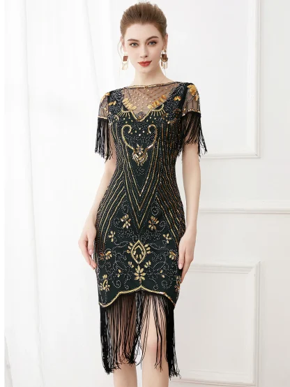Retro Tassel Sleeve Sequin Dress