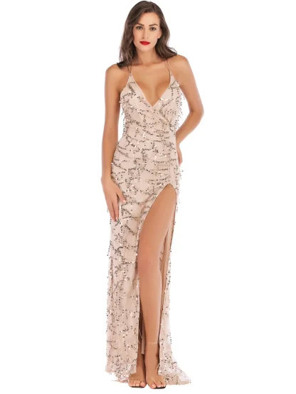 Deep V-Neck Sparkling Slit Dress - Image 3