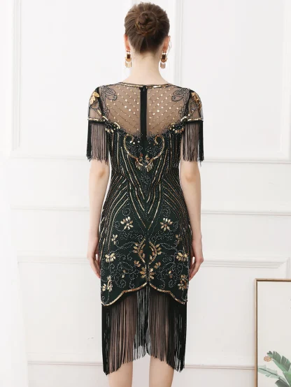 Retro Tassel Sleeve Sequin Dress - Image 2