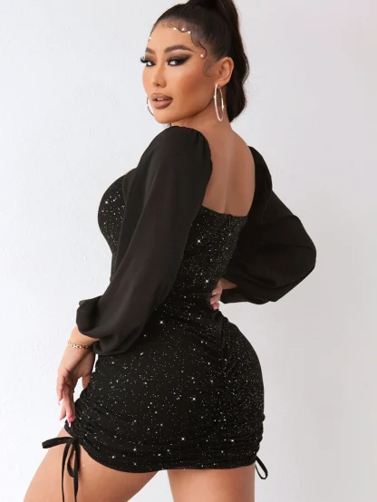 Mesh Long Sleeve Sequin Mini Dress - Image 5