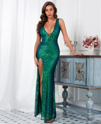 High Slit V-Neck Shiny Dress