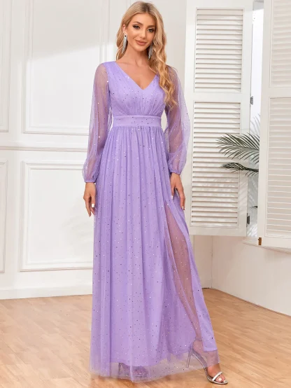 Long Mesh Sleeve Shiny V-Neck Dress - Image 2