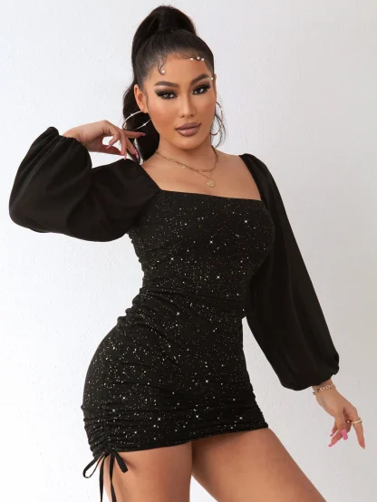 Mesh Long Sleeve Sequin Mini Dress - Image 2