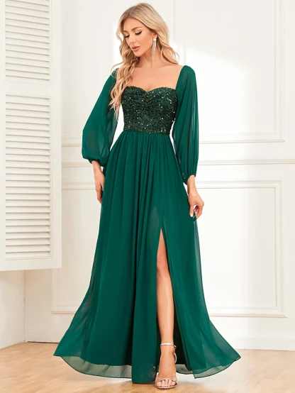 Long Puff Mesh Sleeve Shiny Dress