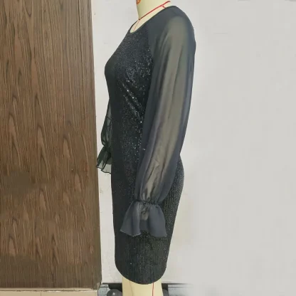 Mesh Long Sleeve Short Shiny Dress - Image 6