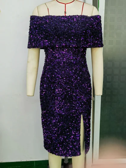 Elegant Off-Shoulder Sequin Dress - Image 5