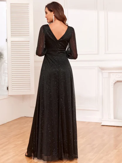 V-Neck Chiffon Sequin Slit Dress - Image 6