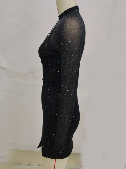Glamorous Long Mesh Sleeve Shiny Dress - Image 3