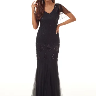 Mesh Sleeve Glam Sequin Long Dress