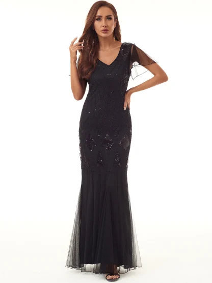 Mesh Sleeve Glam Sequin Long Dress