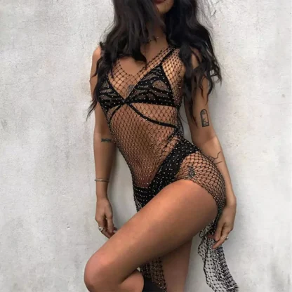 Midnight Sparkle Fishnet Sequin Dress - Image 2