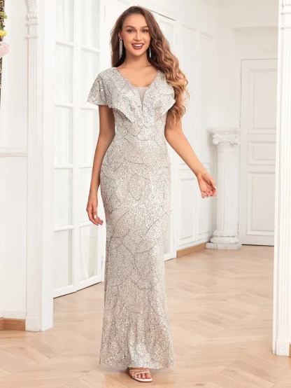 Butterfly Sleeve Sparkling Maxi Dress