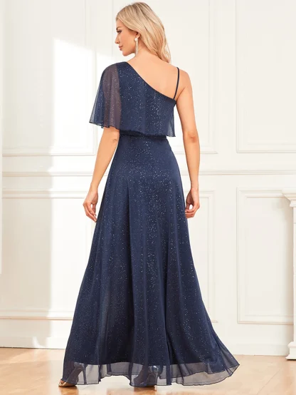One Shoulder Sleeve Shiny Slit Dress - Image 2