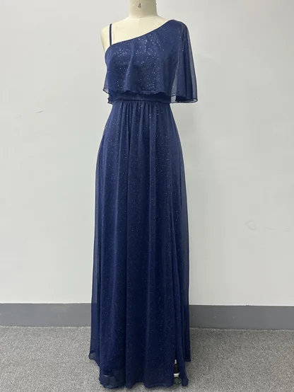 One Shoulder Sleeve Shiny Slit Dress - Image 3