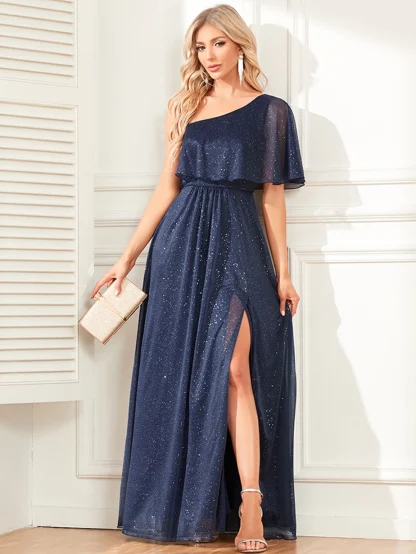 One Shoulder Sleeve Shiny Slit Dress - Image 4