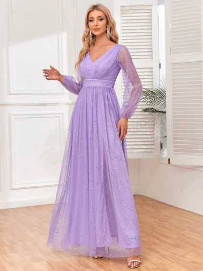 Long Mesh Sleeve Shiny V-Neck Dress - Image 6