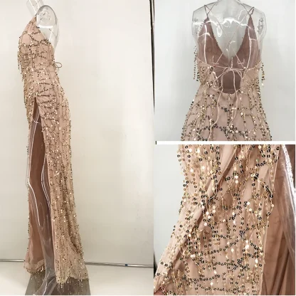Deep V-Neck Sparkling Slit Dress - Image 6