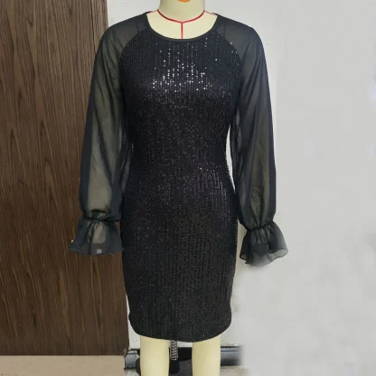 Mesh Long Sleeve Short Shiny Dress - Image 5
