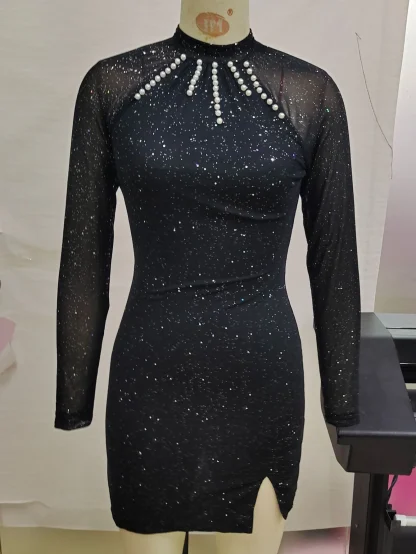 Glamorous Long Mesh Sleeve Shiny Dress - Image 2